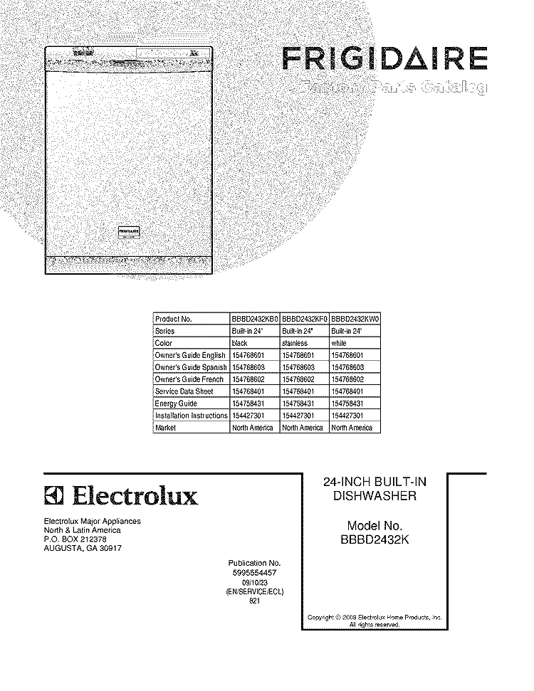 COVER Diagram and Parts List for BBBD2432KF0  Frigidaire Dishwasher