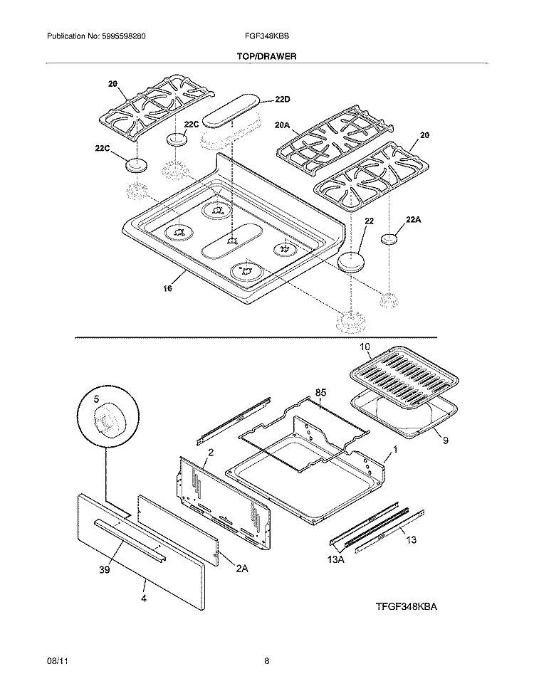 TOP/DRAWER Diagram and Parts List for FGF348KBB  Frigidaire Range