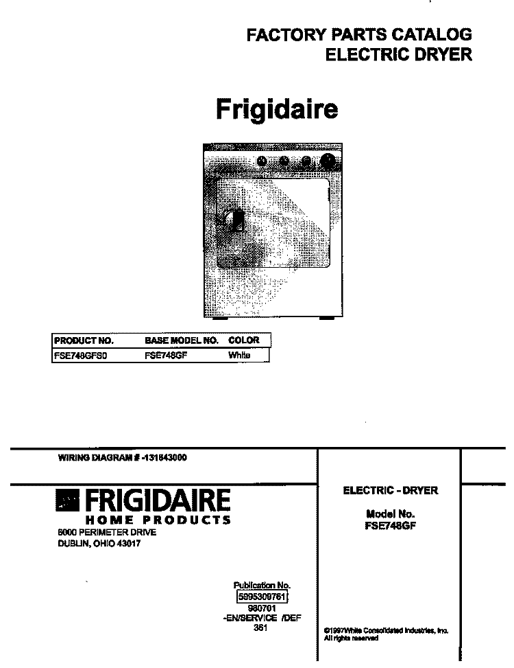 COVER Diagram and Parts List for FSE748GFS0  Frigidaire Dryer