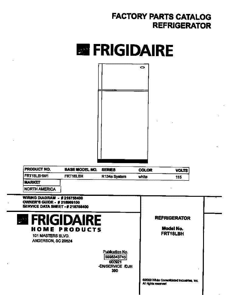 COVER Diagram and Parts List for FRT18LBHW1  Frigidaire Refrigerator