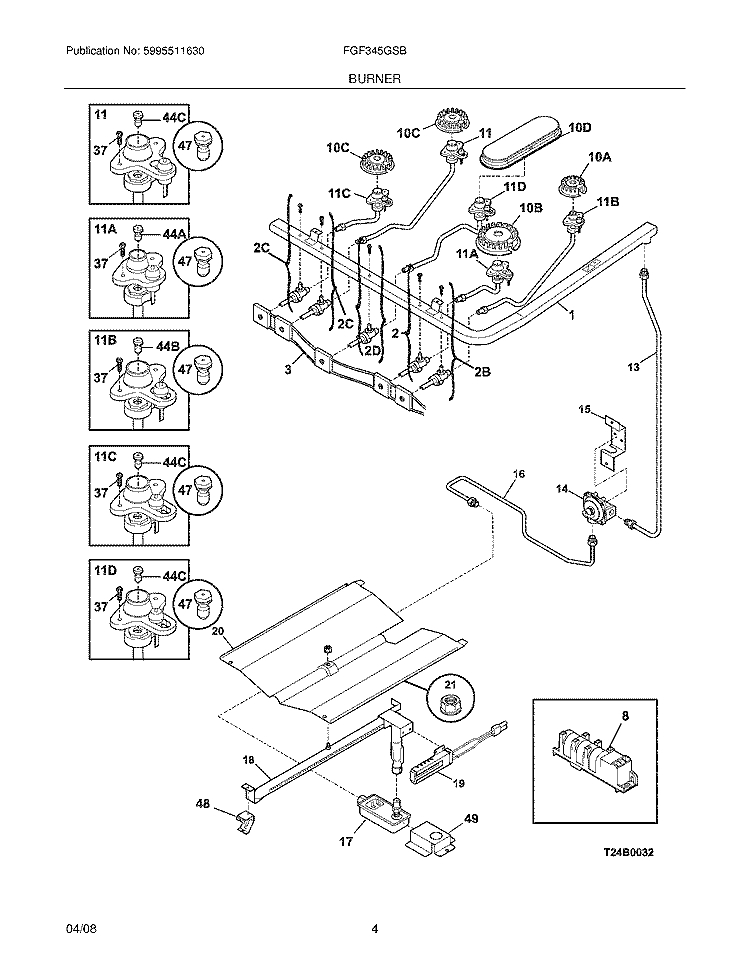 BURNER Diagram and Parts List for FGF345GSB  Frigidaire Range