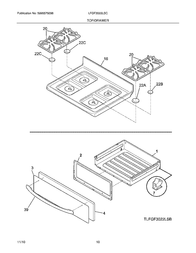 TOP/DRAWER Diagram and Parts List for LFGF3022LSC  Frigidaire Range