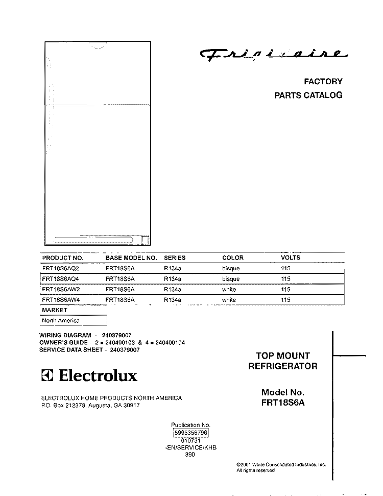 COVER Diagram and Parts List for FRT18S6AW2  Frigidaire Refrigerator