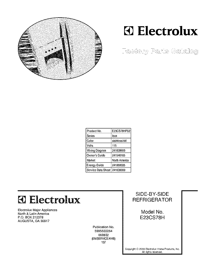 COVER Diagram and Parts List for E23CS78HPS2  Electrolux Refrigerator