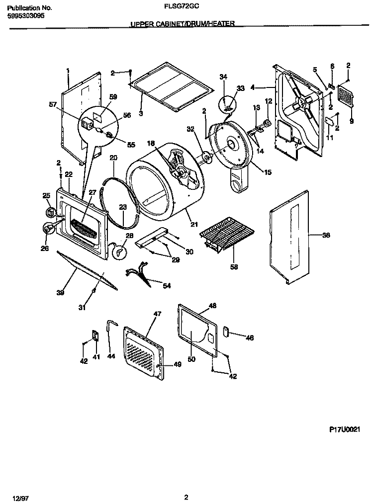 UPPER CABINET / DRUM / HEATER Diagram and Parts List for FLSG72GCS6  Frigidaire Washer Dryer Combo