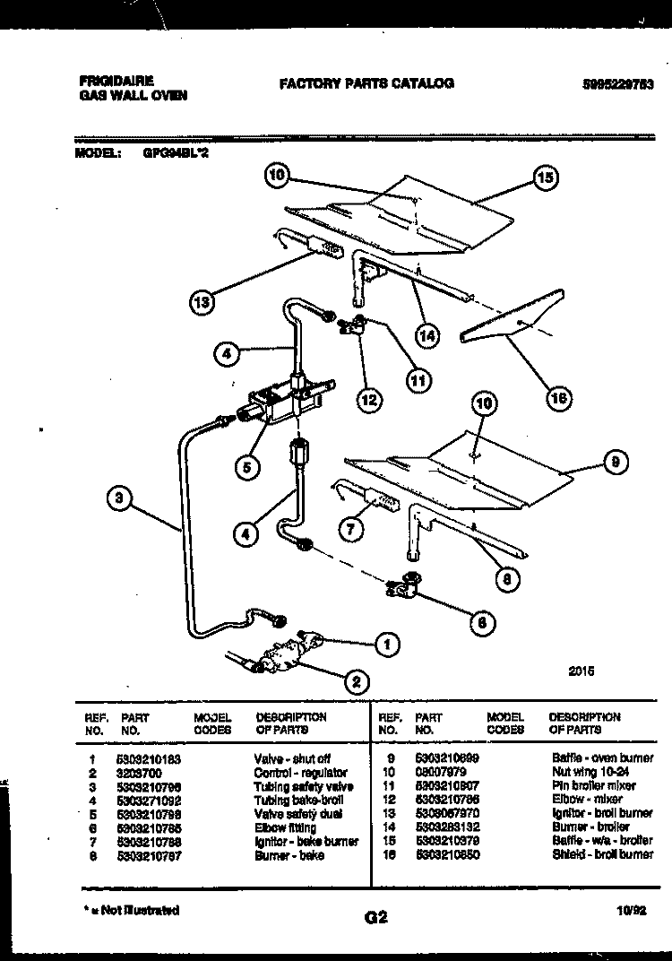 GAS CONTROL Diagram and Parts List for GPG94BL2  Frigidaire Wall Oven