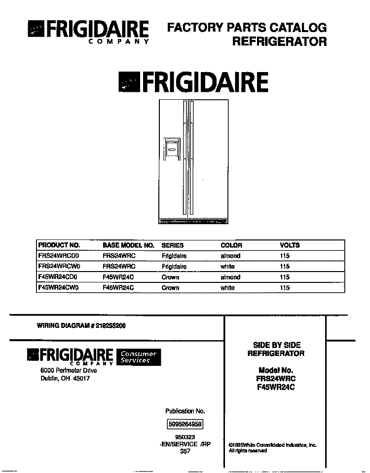 COVER Diagram and Parts List for F45WR24CD0  Frigidaire Refrigerator