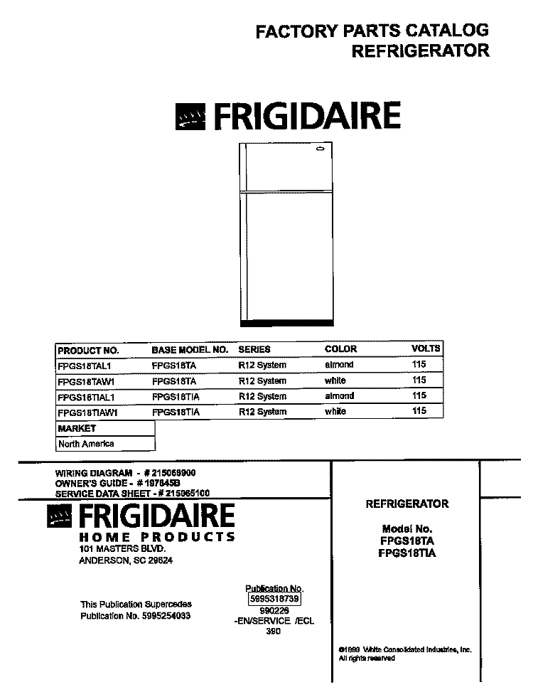 COVER Diagram and Parts List for FPGS18TAL1  Frigidaire Refrigerator