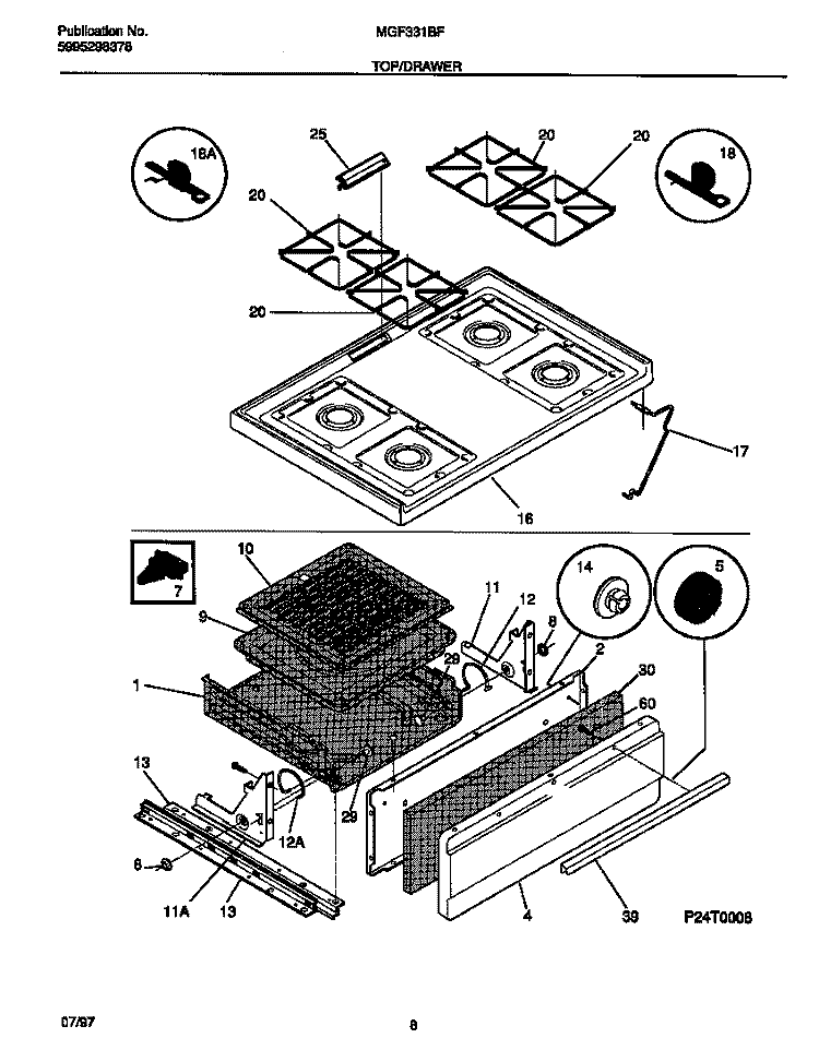 TOP / DRAWER Diagram and Parts List for MGF331BFDA  Frigidaire Range