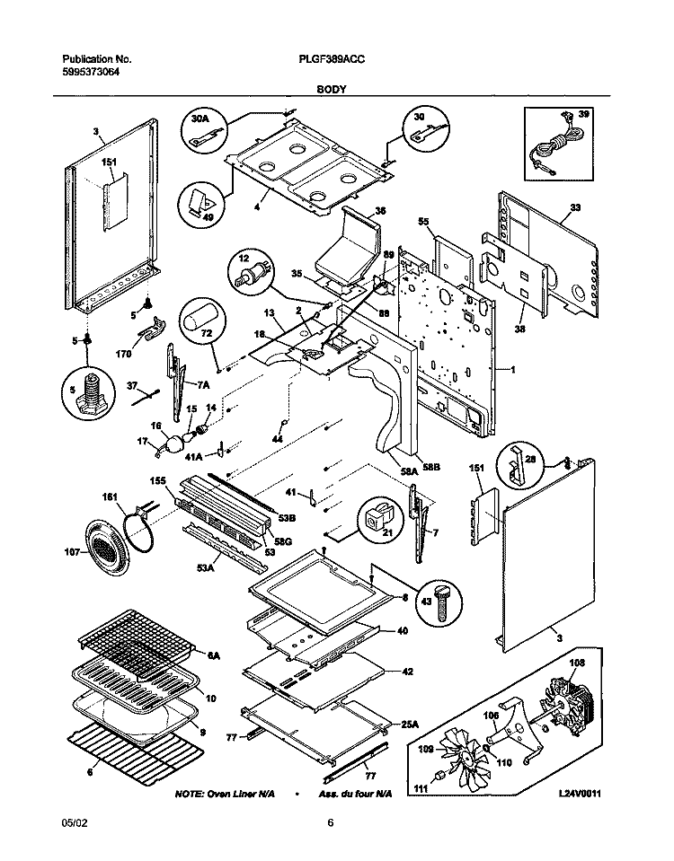BODY Diagram and Parts List for PLGF389ACC  Frigidaire Range