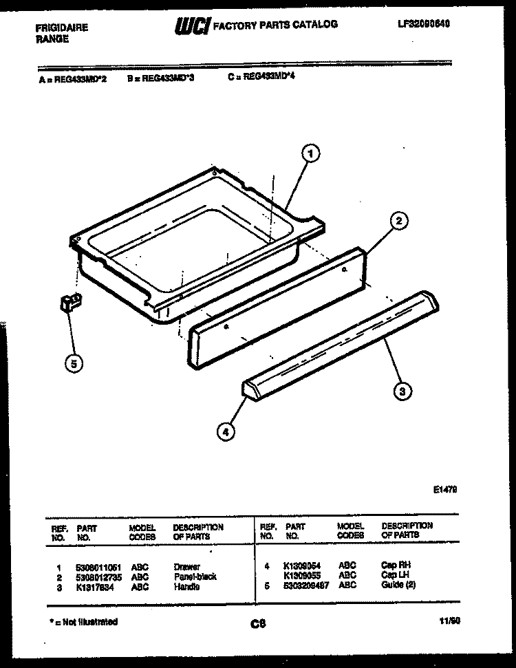 DRAWER PARTS Diagram and Parts List for REG433MDW3  Frigidaire Range