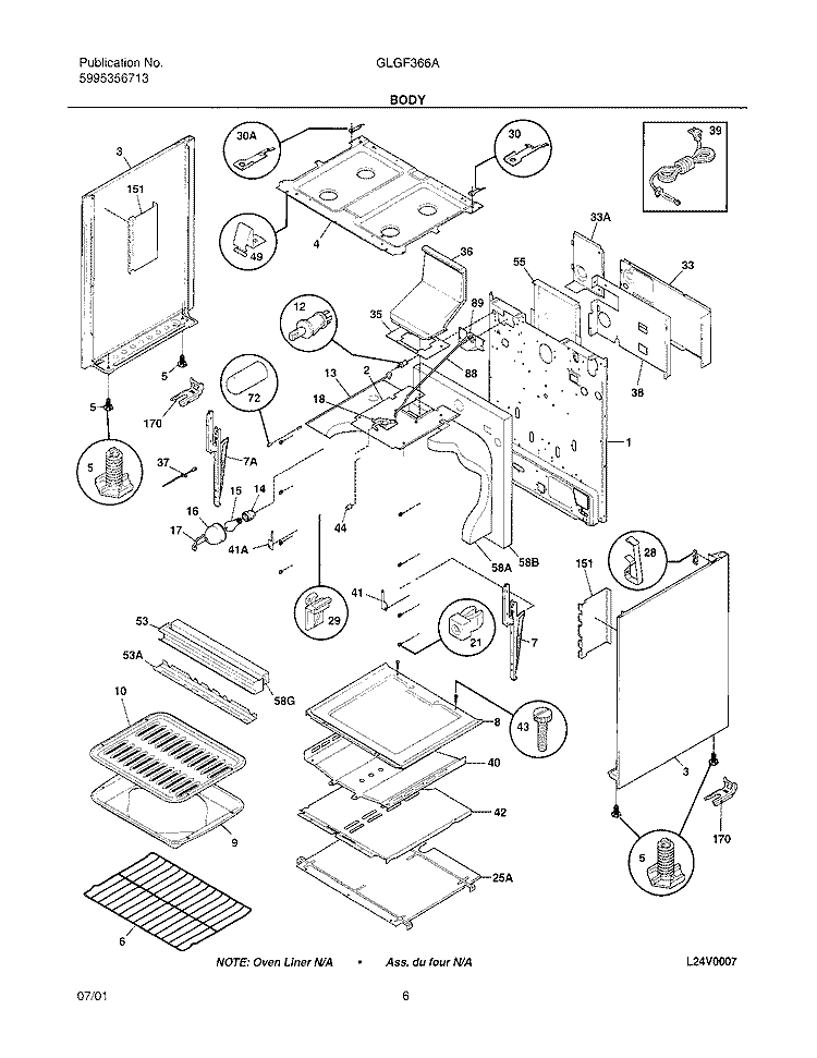 BODY Diagram and Parts List for GLGF366AQA  Frigidaire Range