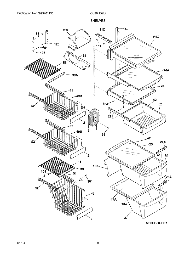SHELVES Diagram and Parts List for GS26HSZCB3  Frigidaire Refrigerator