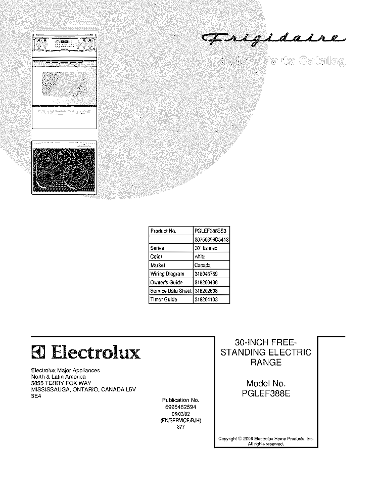 COVER Diagram and Parts List for PGLEF388ES3  Frigidaire Range