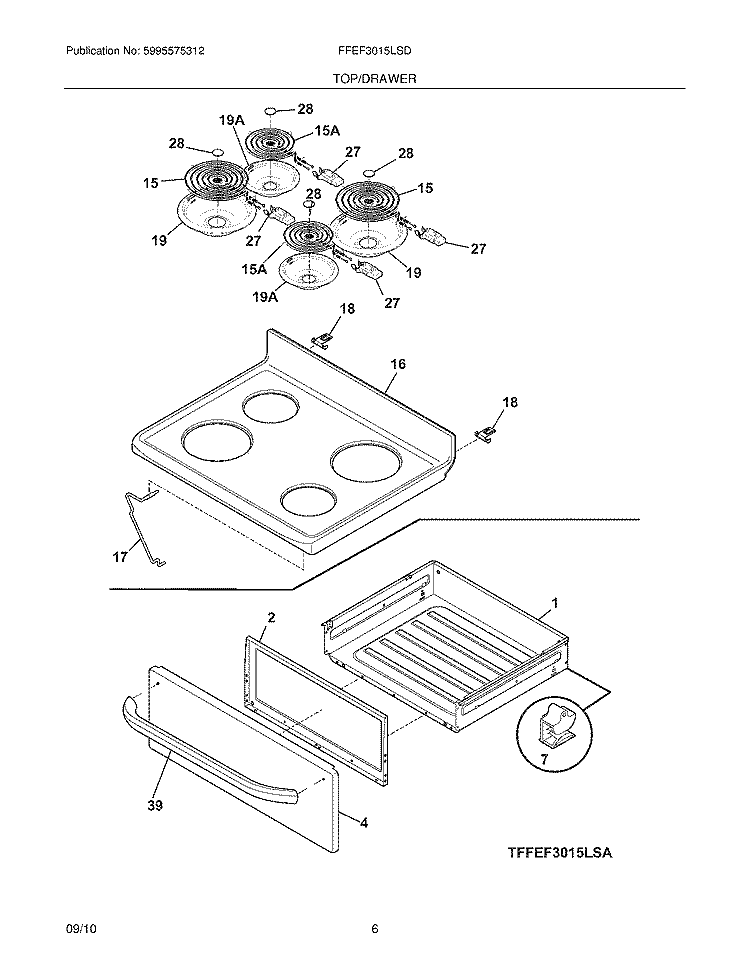 TOP/DRAWER Diagram and Parts List for FFEF3015LSD  Frigidaire Range