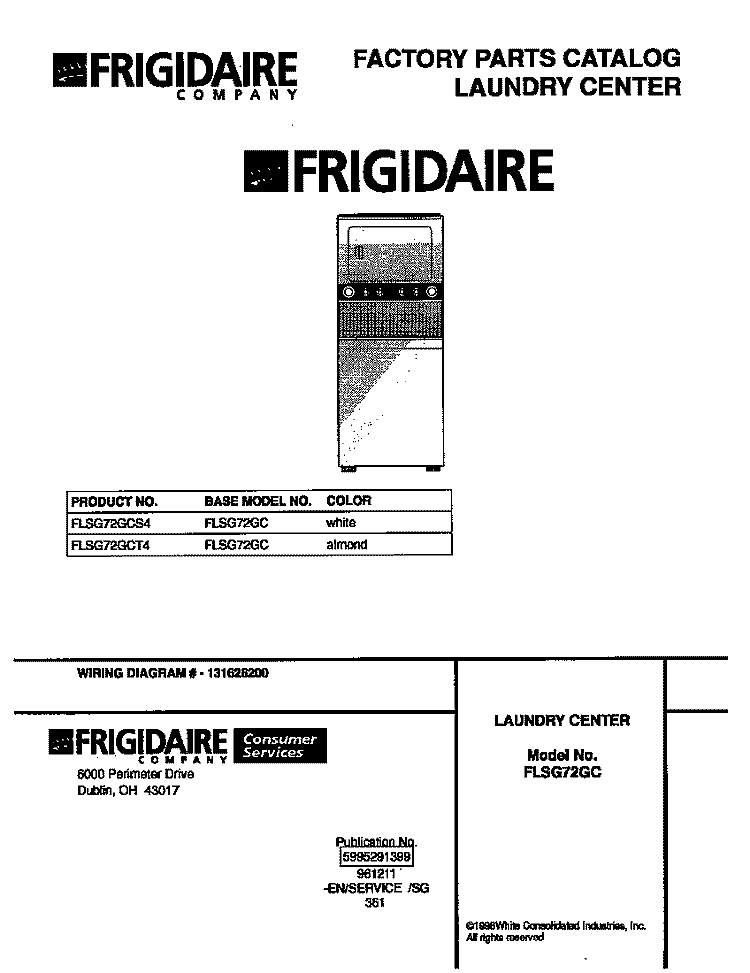COVER Diagram and Parts List for FLSG72GCT4  Frigidaire Washer Dryer Combo