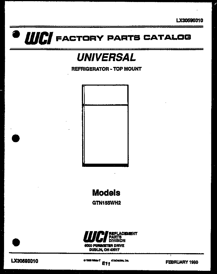 COVER Diagram and Parts List for GTN155WHV2  Uni Refrigerator