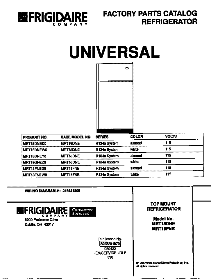 COVER Diagram and Parts List for MRT18DNED0  Frigidaire Refrigerator