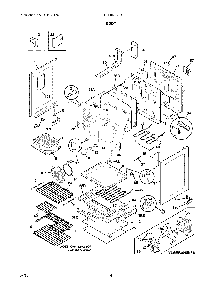 BODY Diagram and Parts List for LGEF3043KFD  Frigidaire Range