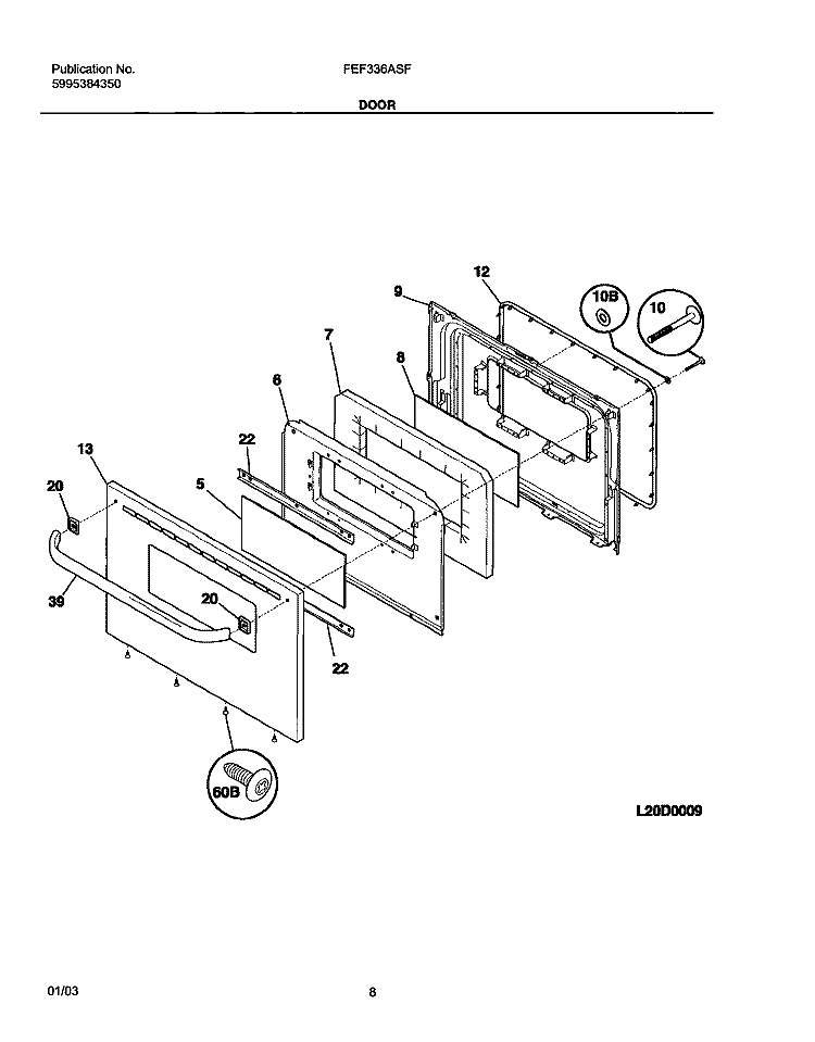 DOOR Diagram and Parts List for FEF336ASF  Frigidaire Range