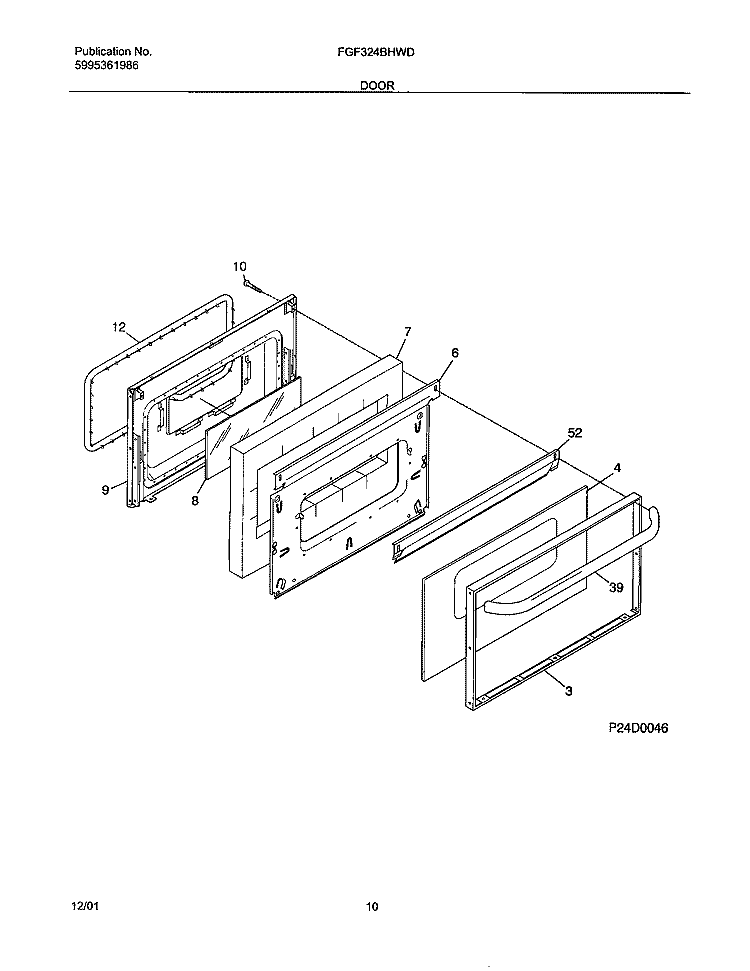 DOOR Diagram and Parts List for FGF324BHWD  Frigidaire Range
