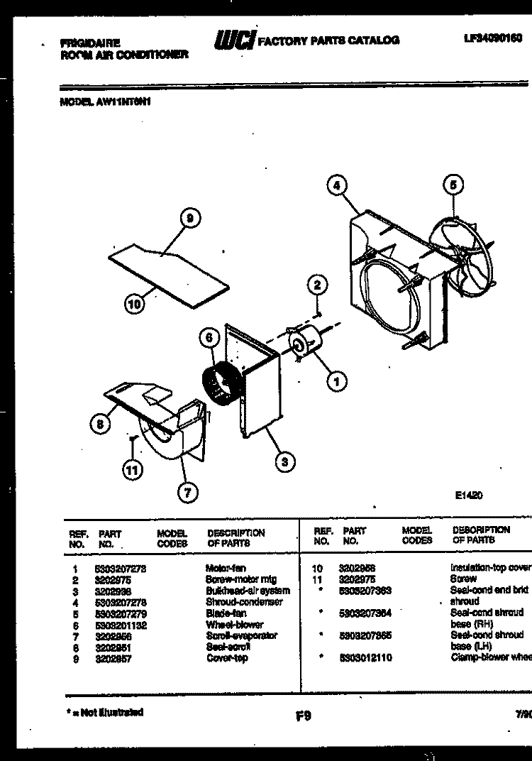 AIR HANDLING PARTS Diagram and Parts List for AW11NT6N1  Frigidaire Air Conditioner
