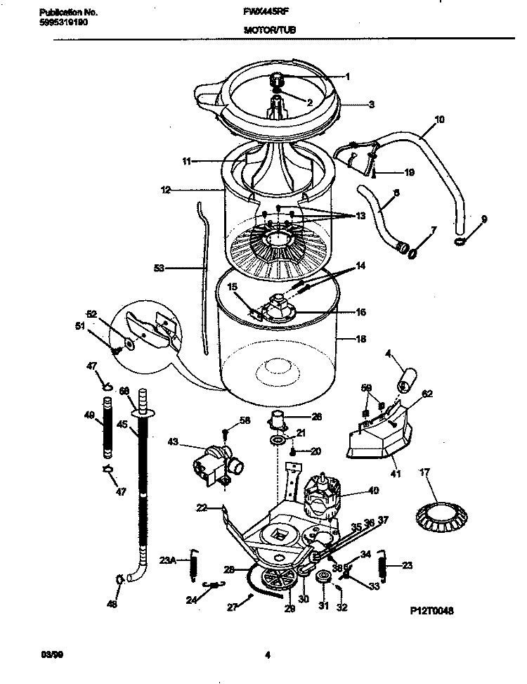 MOTOR / TUB Diagram and Parts List for FWX445RFT3  Frigidaire Washer