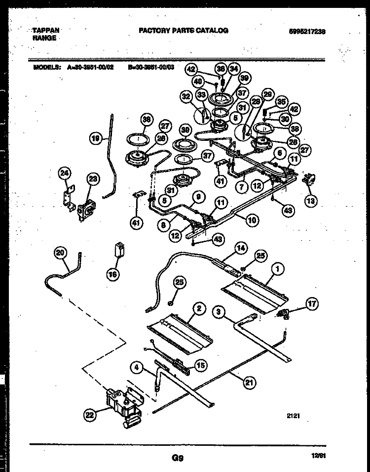 BURNER, MANIFOLD AND GAS CONTROL Diagram and Parts List for 30-3851-00-02  Tappan Range
