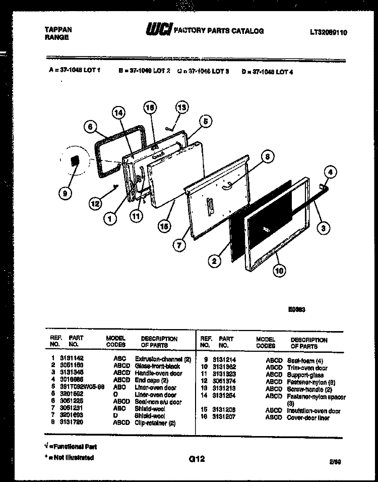 DOOR PARTS Diagram and Parts List for 37-1048-66-03  Tappan Range