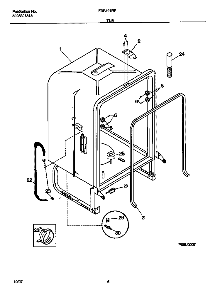 TUB Diagram and Parts List for FDB421RFR3  Frigidaire Dishwasher