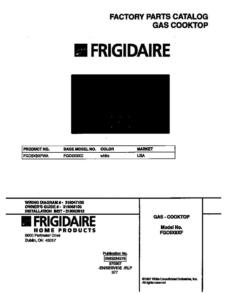 COVER Diagram and Parts List for FGC6X9XFWA  Frigidaire Cooktop