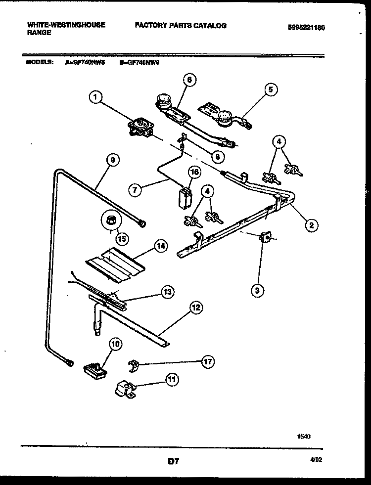 BURNER, MANIFOLD AND GAS CONTROL Diagram and Parts List for GF740ND5  Frigidaire Range