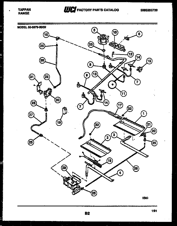 BURNER, MANIFOLD AND GAS CONTROL Diagram and Parts List for 30-3979-00-02  Tappan Range
