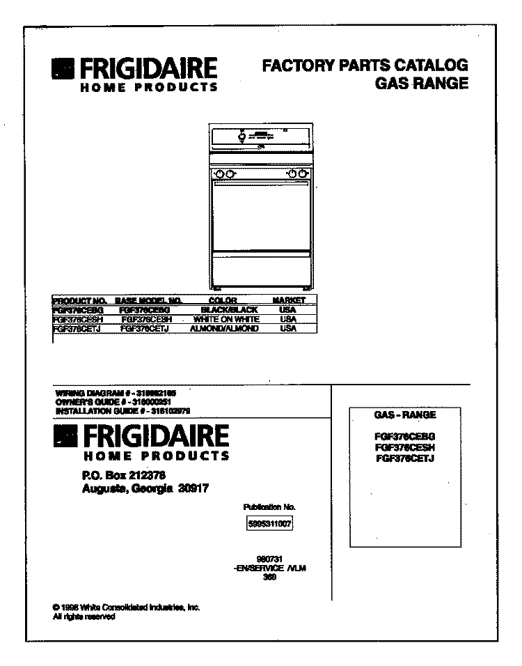 COVER Diagram and Parts List for FGF376CETJ  Frigidaire Range