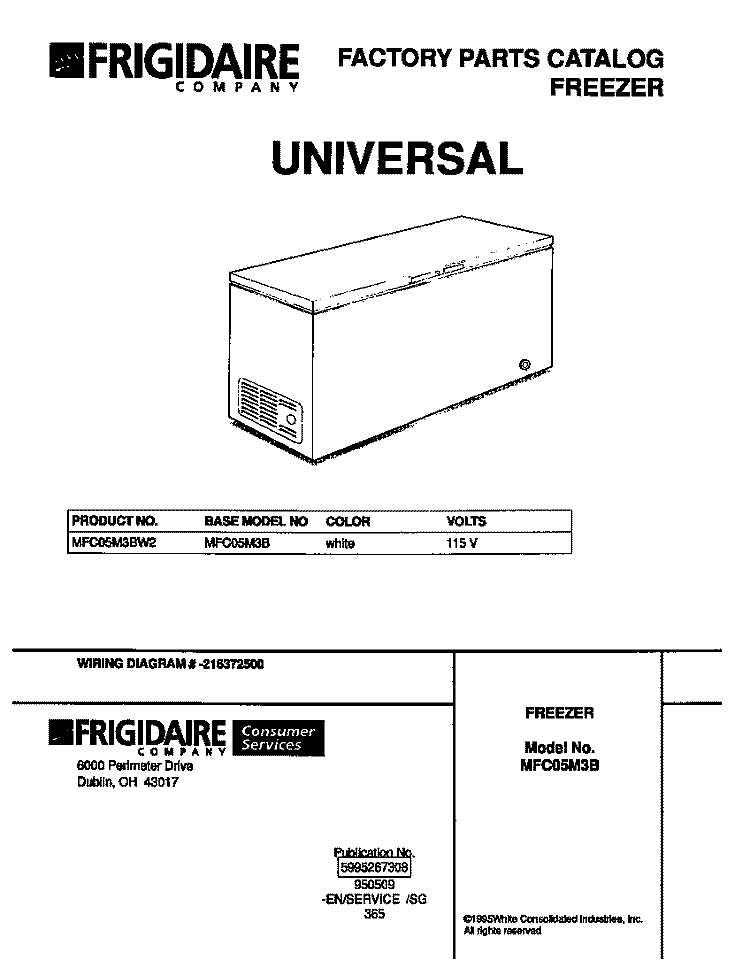 COVER Diagram and Parts List for MFC05M3BW2  Tappan Freezer