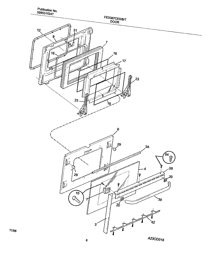 DOOR Diagram and Parts List for FES367CETC  Frigidaire Range