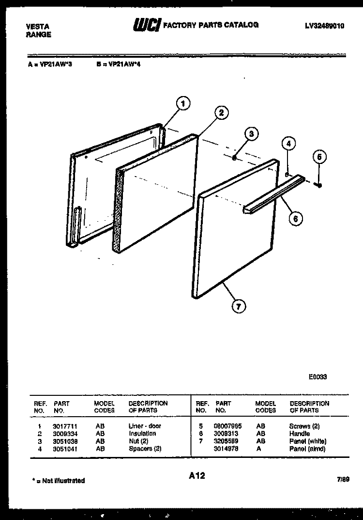 DOOR PARTS Diagram and Parts List for VP21AW3  Tappan Range