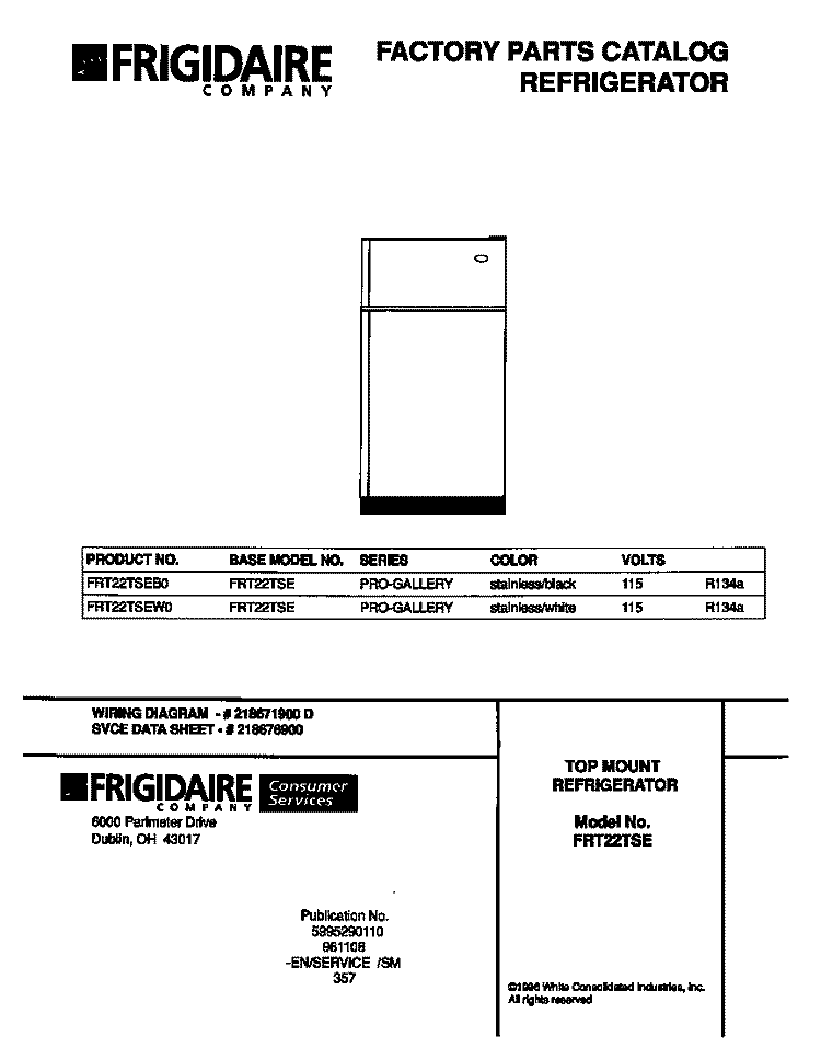 COVER Diagram and Parts List for FRT22TSEW0  Frigidaire Refrigerator