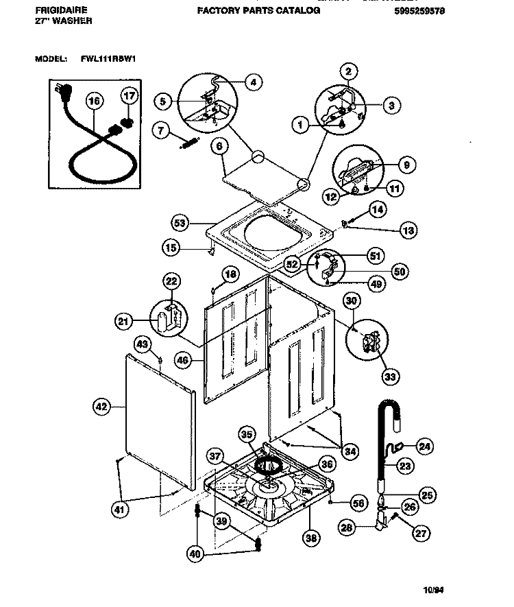 CABINET, TOP PANEL, BASE Diagram and Parts List for FWL111RBW1  Frigidaire Washer