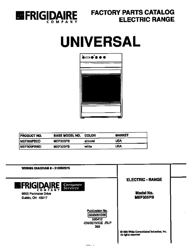 COVER Diagram and Parts List for MEF305PBWD  Frigidaire Range