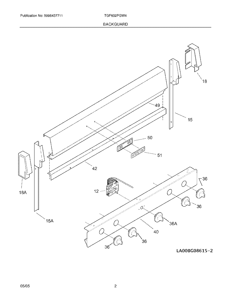BACKGUARD Diagram and Parts List for TGF602PGW4  Tappan Range
