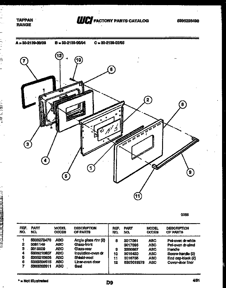 DOOR PARTS Diagram and Parts List for 30-2139-23-05  Tappan Range