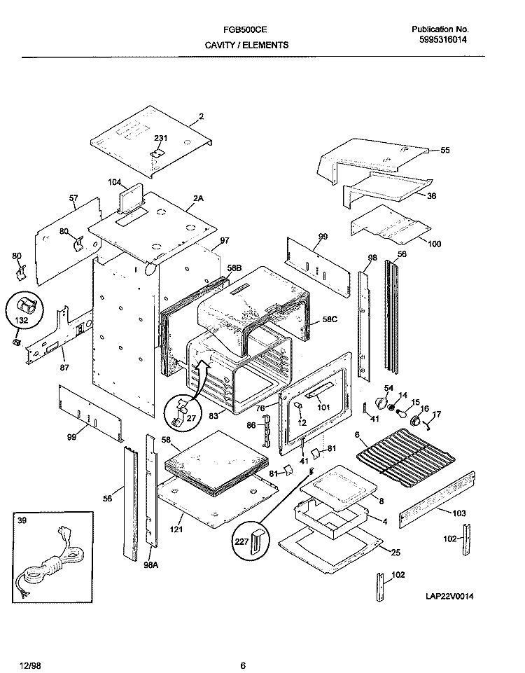 CAVITY / ELEMENTS Diagram and Parts List for FGB500CESH  Frigidaire Wall Oven