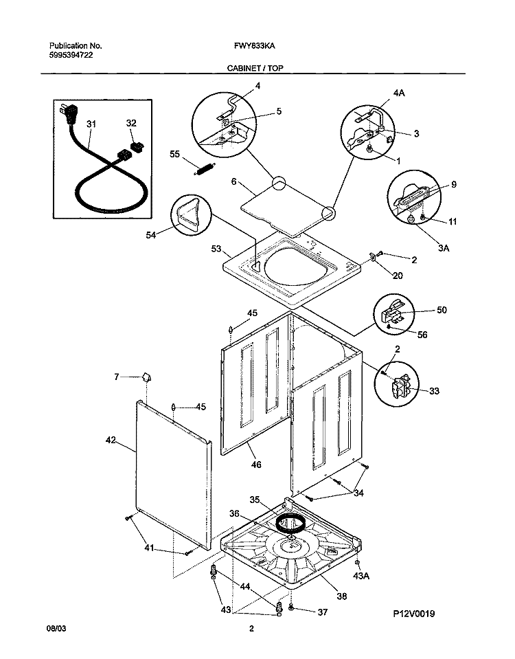 CABINET / TOP Diagram and Parts List for FWY833KAS0  Frigidaire Washer