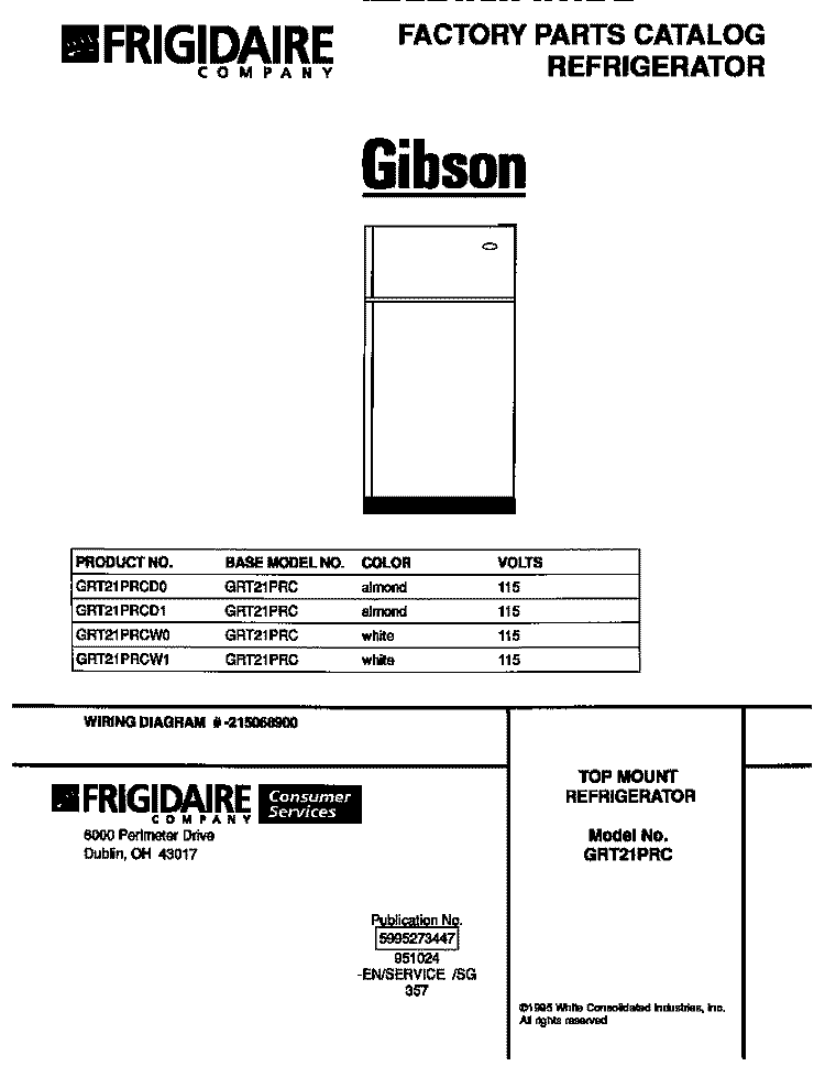 COVER Diagram and Parts List for GRT21PRCD1  Gibson Refrigerator