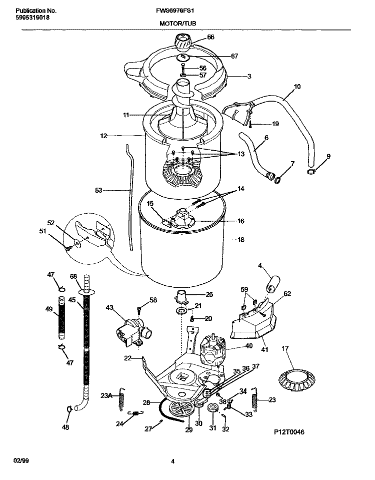 MOTOR / TUB Diagram and Parts List for FWS6976FS1  Frigidaire Washer