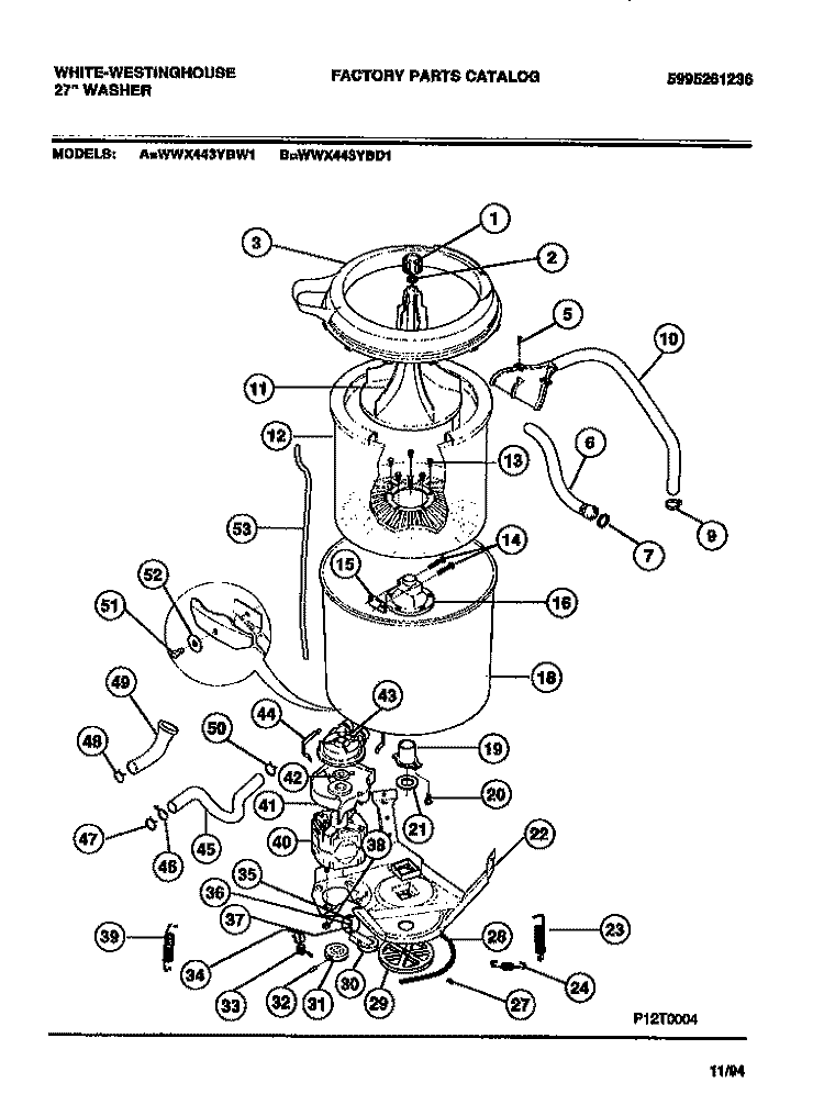 TUBS, HOSES, MOTOR Diagram and Parts List for WWX443YBD1  Frigidaire Washer