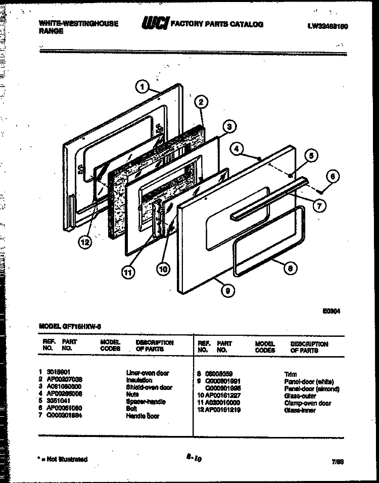 DOOR PARTS Diagram and Parts List for GF716HXW3  Frigidaire Range