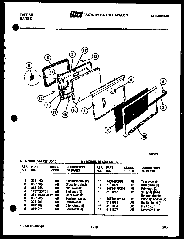 DOOR PARTS Diagram and Parts List for 30-2237-23-03  Tappan Range
