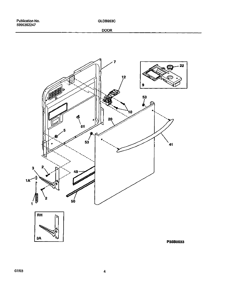DOOR Diagram and Parts List for GLDB953CS0  Frigidaire Dishwasher
